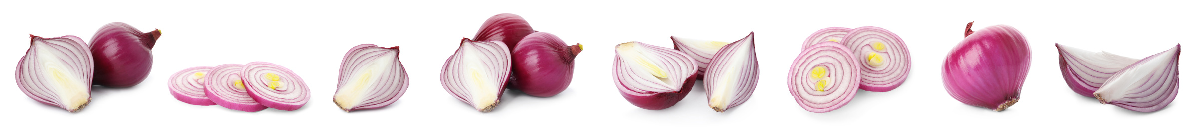 Image of Set of red cut and whole onion on white background. Banner design