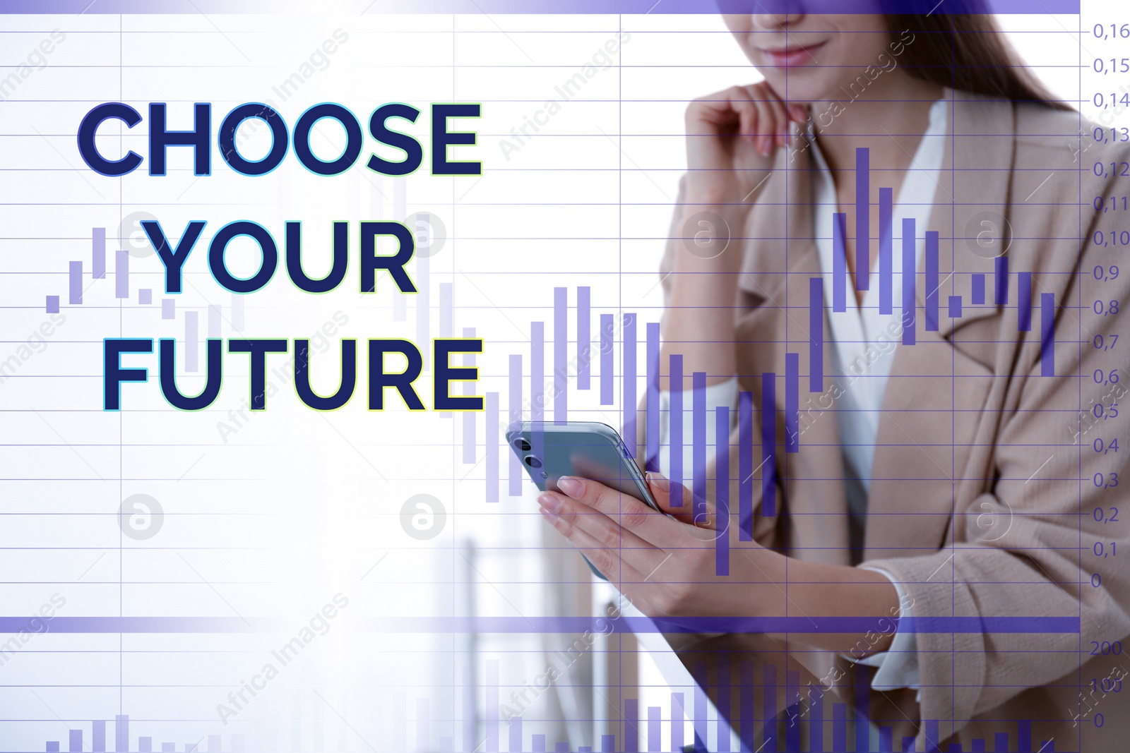 Image of Choose your future. Woman with smartphone indoors, closeup