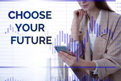 Image of Choose your future. Woman with smartphone indoors, closeup