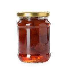 Tasty homemade quince jam in jar isolated on white