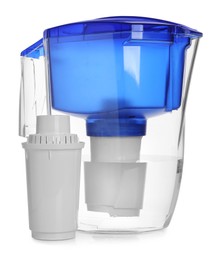 Photo of Water filter jug and replacement cartridge on white background