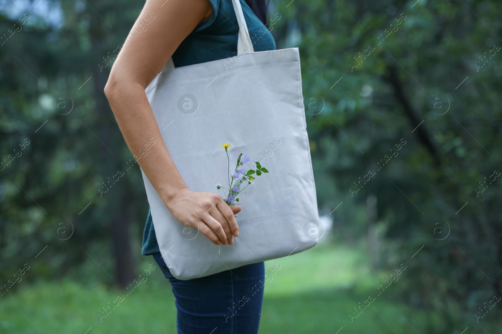 Photo of Woman with eco bag outdoors. Mockup for design