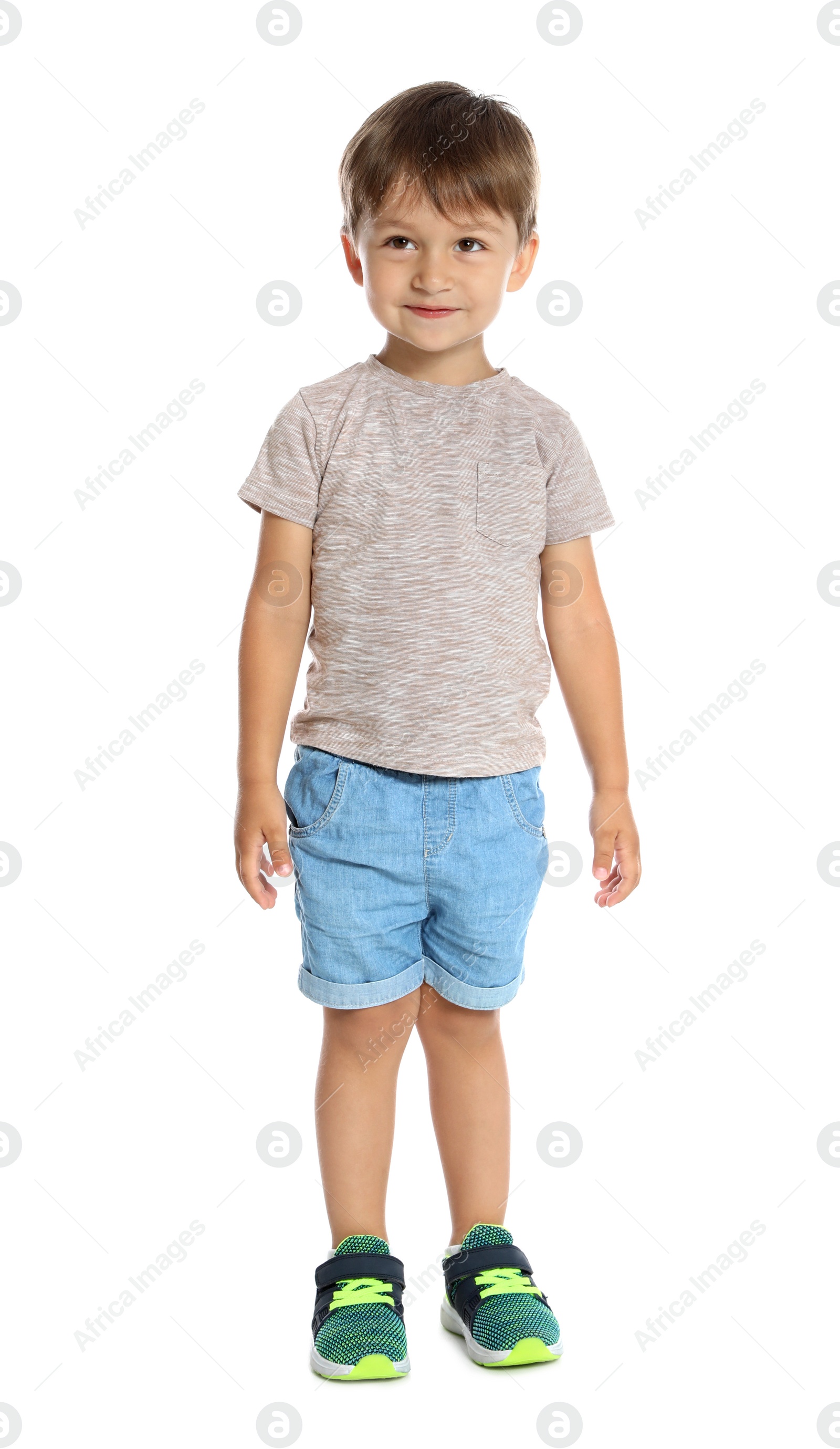 Photo of Full length portrait of cute little boy on white background