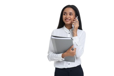 Photo of Beautiful secretary with folder talking on phone against white background