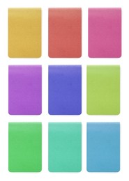 Set with different multicolored planners on white background, top view 