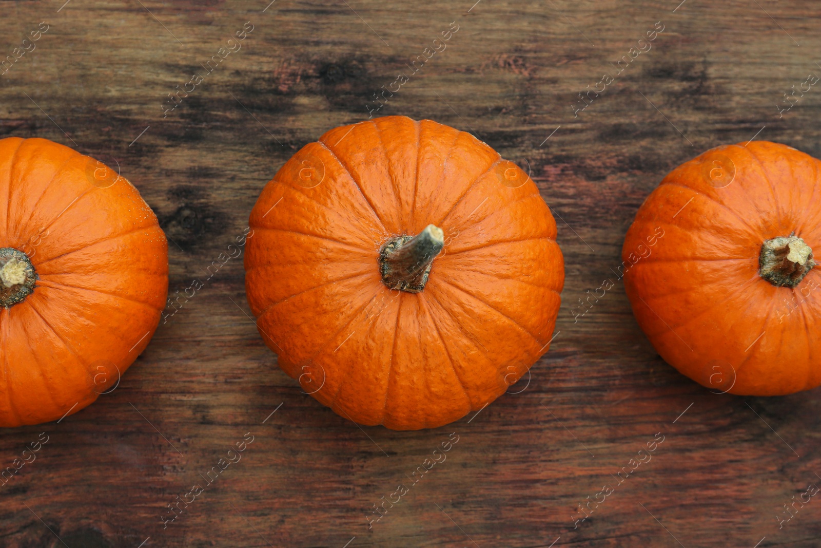 Photo of Fresh ripe pumpkins on wooden table, flat lay