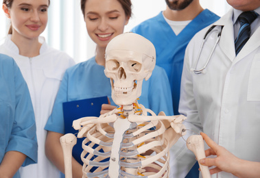 Professional orthopedist with human skeleton model teaching medical students in clinic
