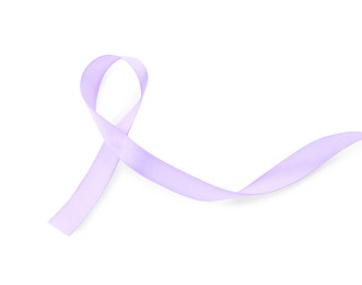 Photo of Violet awareness ribbon isolated on white, top view