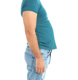 Overweight man on white background, closeup view