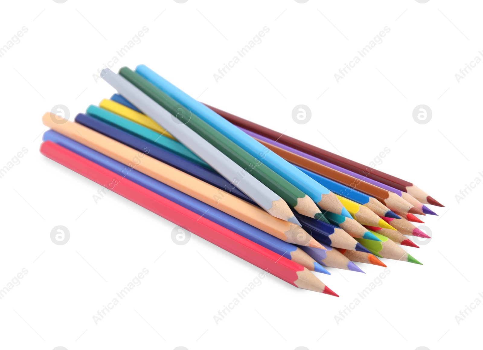 Photo of Pile of colorful wooden pencils on white background