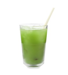 Glass of delicious iced green matcha tea isolated on white