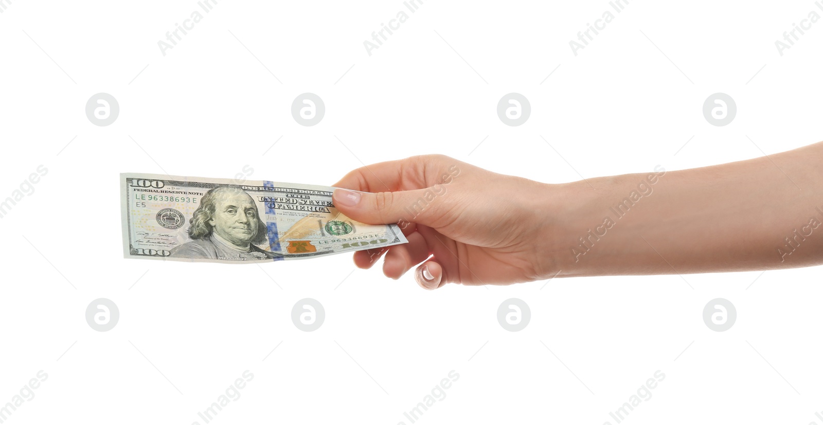 Photo of Woman with dollar banknote on white background, closeup. Money and finance