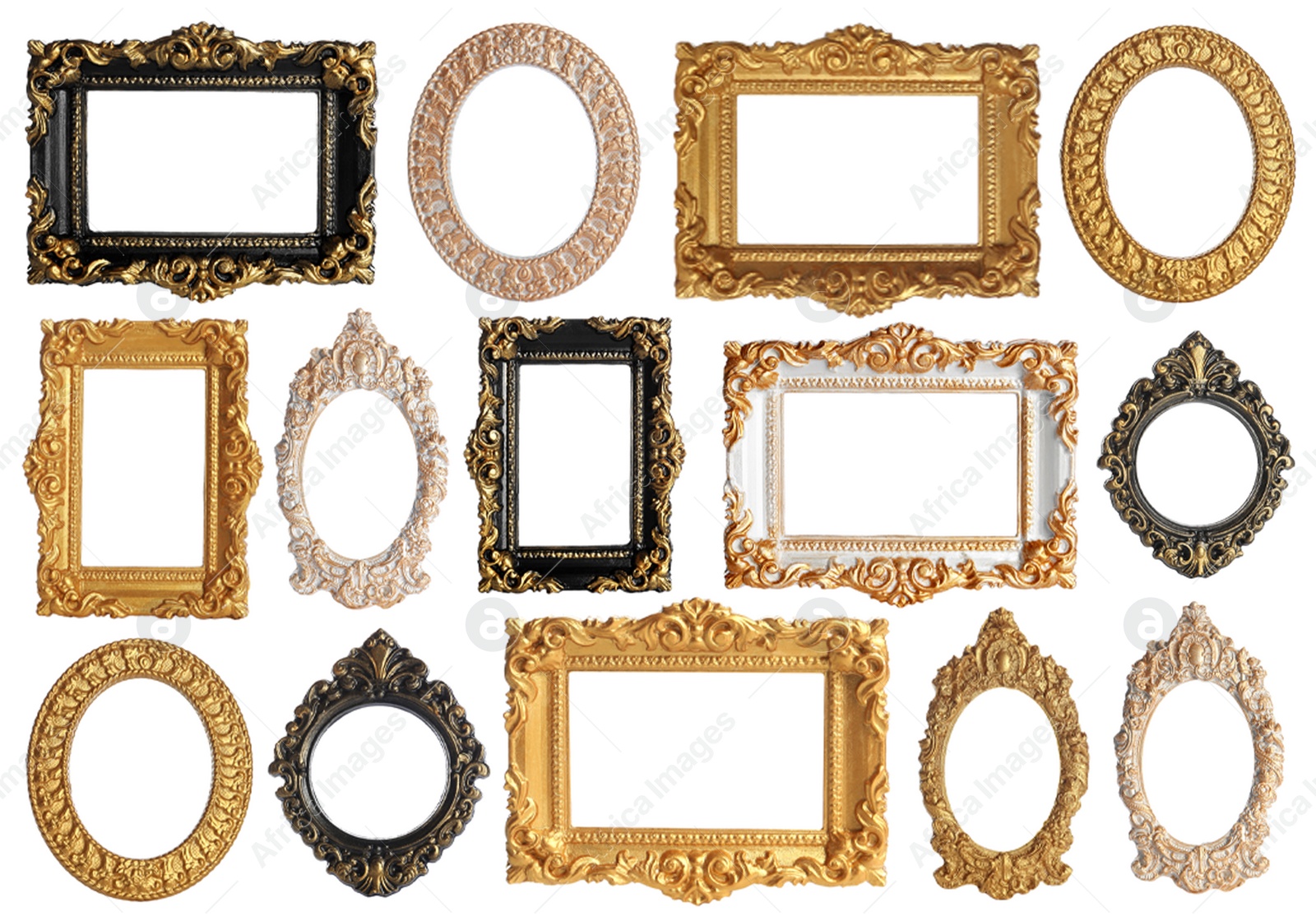 Image of Set of different old fashioned frames on white background