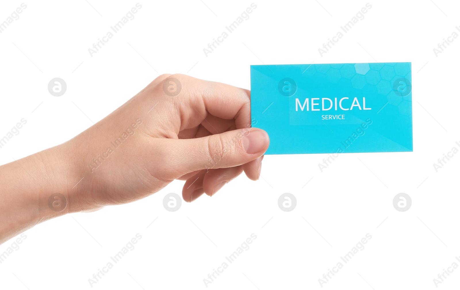 Photo of Woman holding business card isolated on white, closeup. Medical service