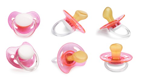 Image of Collage of baby pacifier on white background, views from different sides