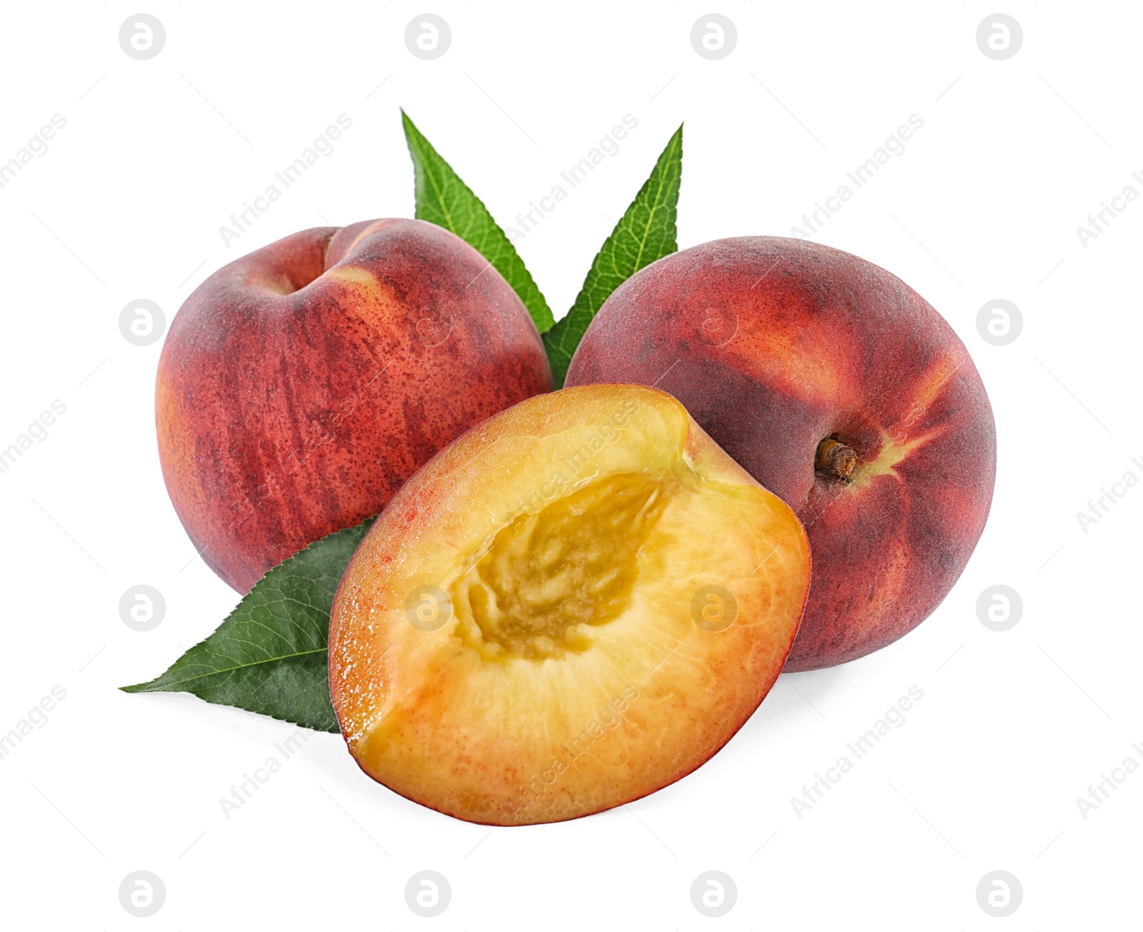 Photo of Sweet juicy peaches with leaves on white background