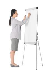 Photo of Business trainer giving presentation on flip chart board against white background