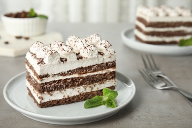 Photo of Plate of tiramisu cake on grey table, space for text