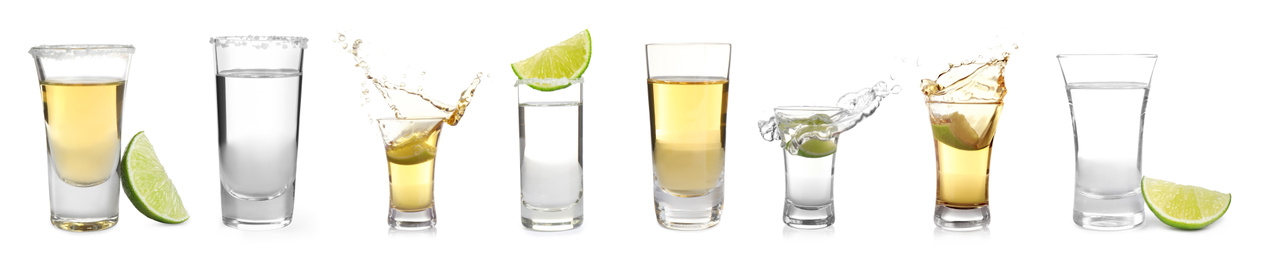 Image of Set of different Mexican Tequila shots on white background. Banner design
