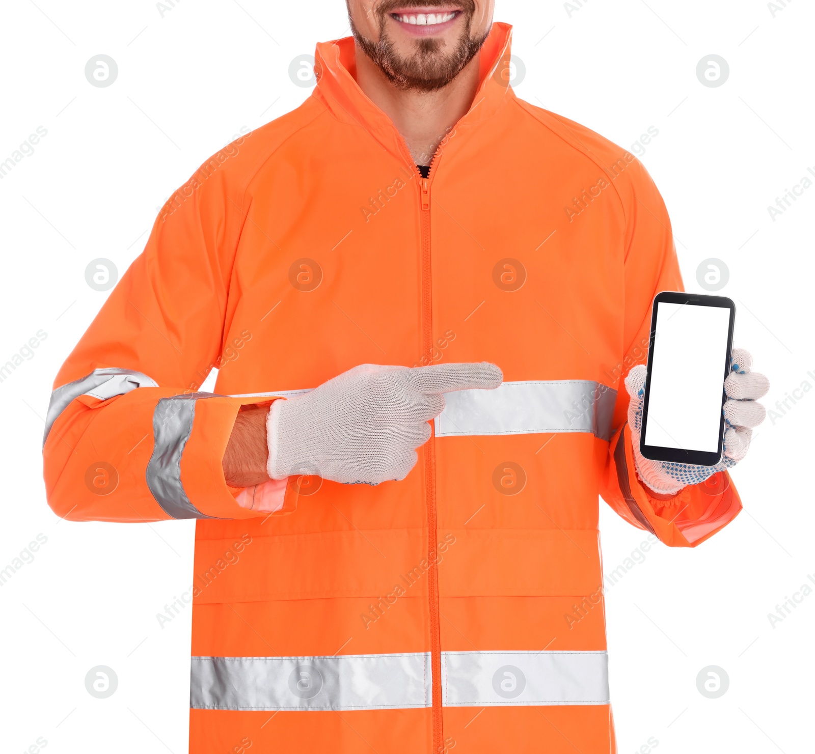 Photo of Man in reflective uniform with phone on white background, closeup