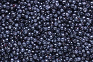 Photo of Many tasty fresh bilberries as background, top view