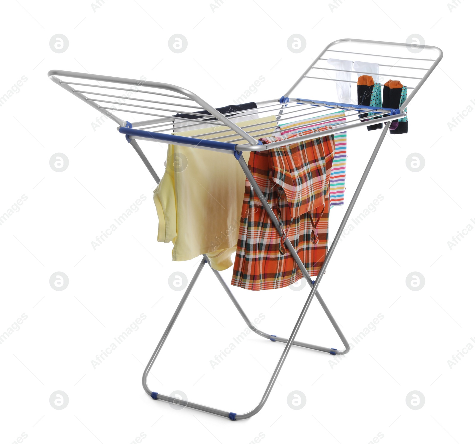 Photo of Modern drying rack with clothes on white background