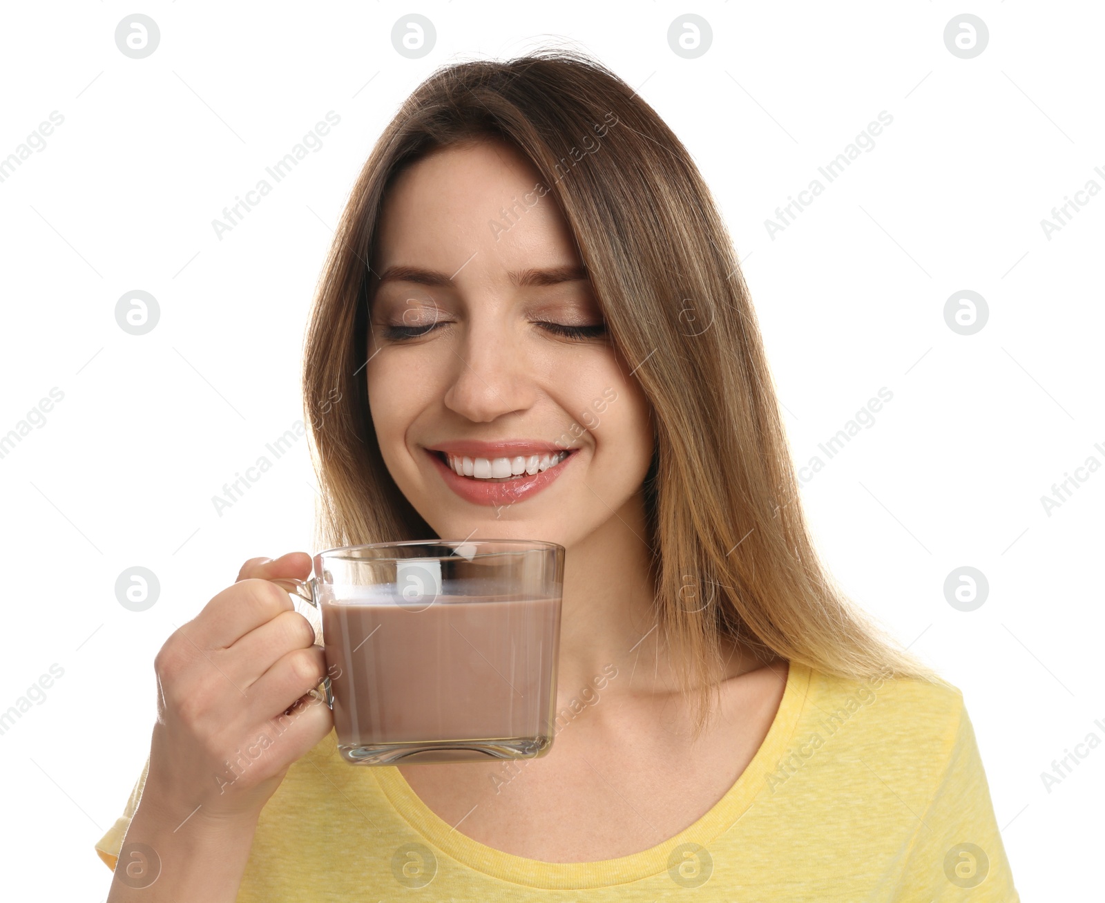 Photo of Young woman drinking chocolate milk on white background