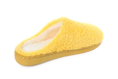 Photo of One yellow soft slipper isolated on white