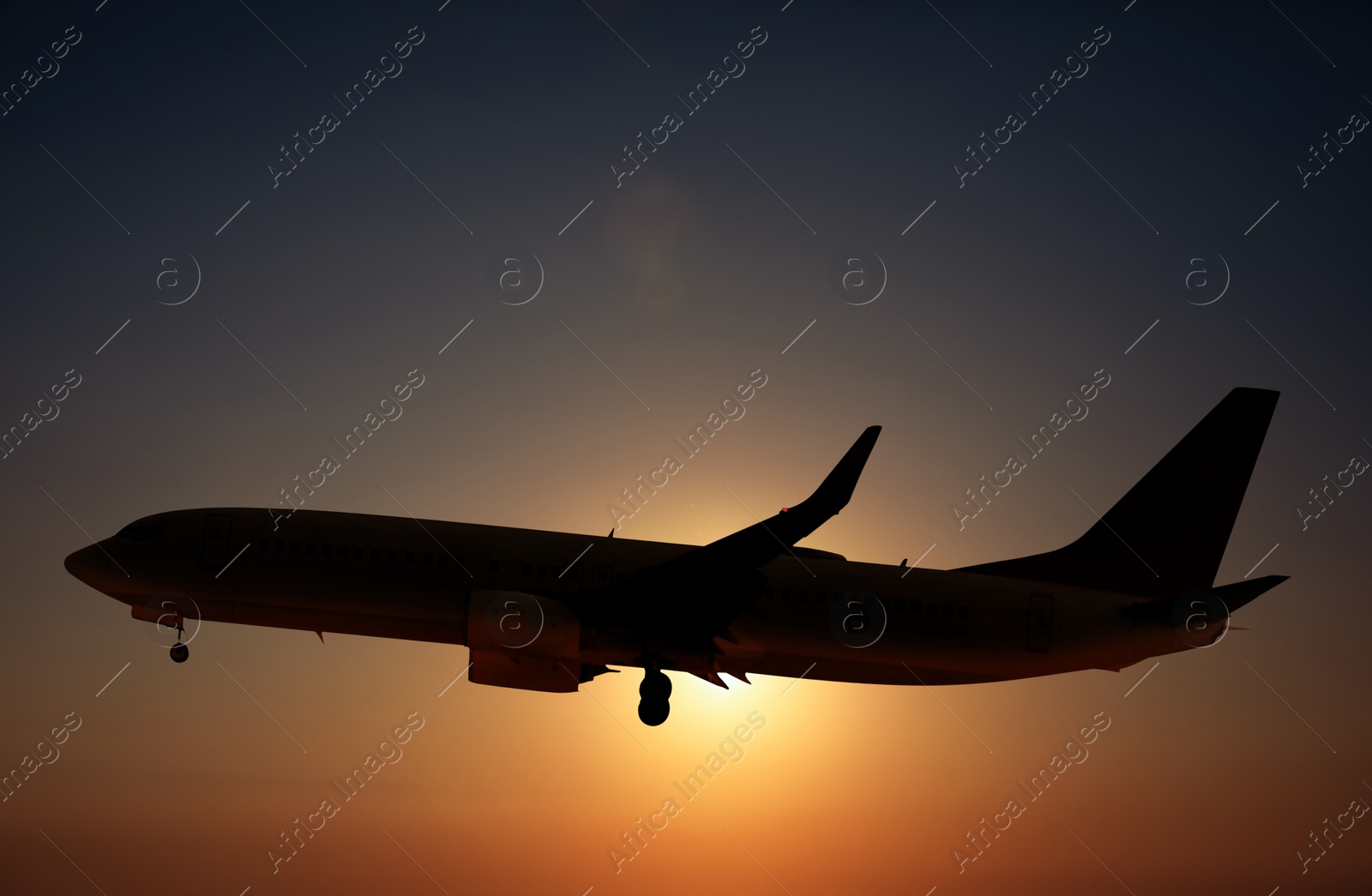 Image of Plane in sky against sun. Flight during sunset