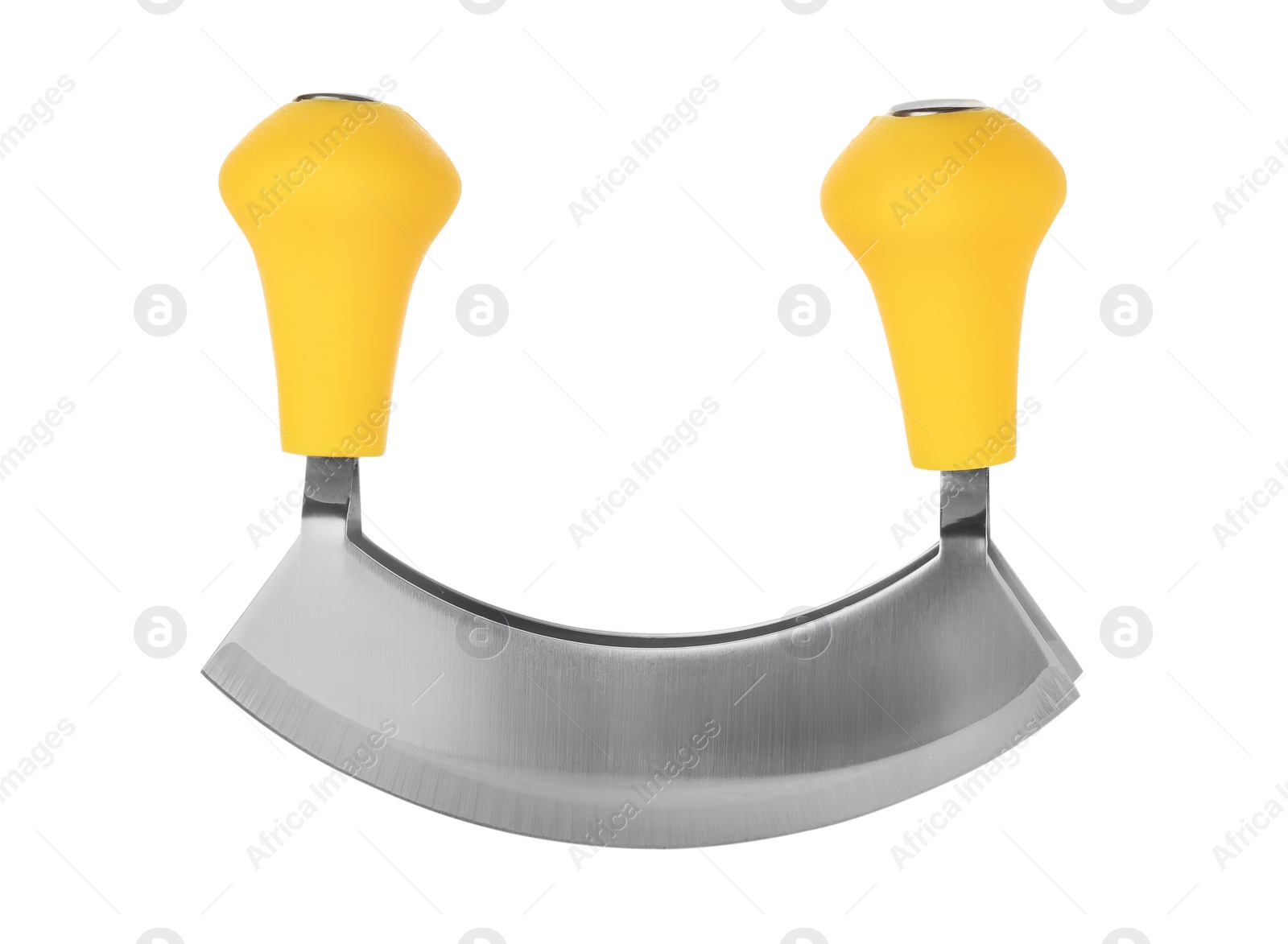 Photo of Mezzaluna knife with yellow handles isolated on white