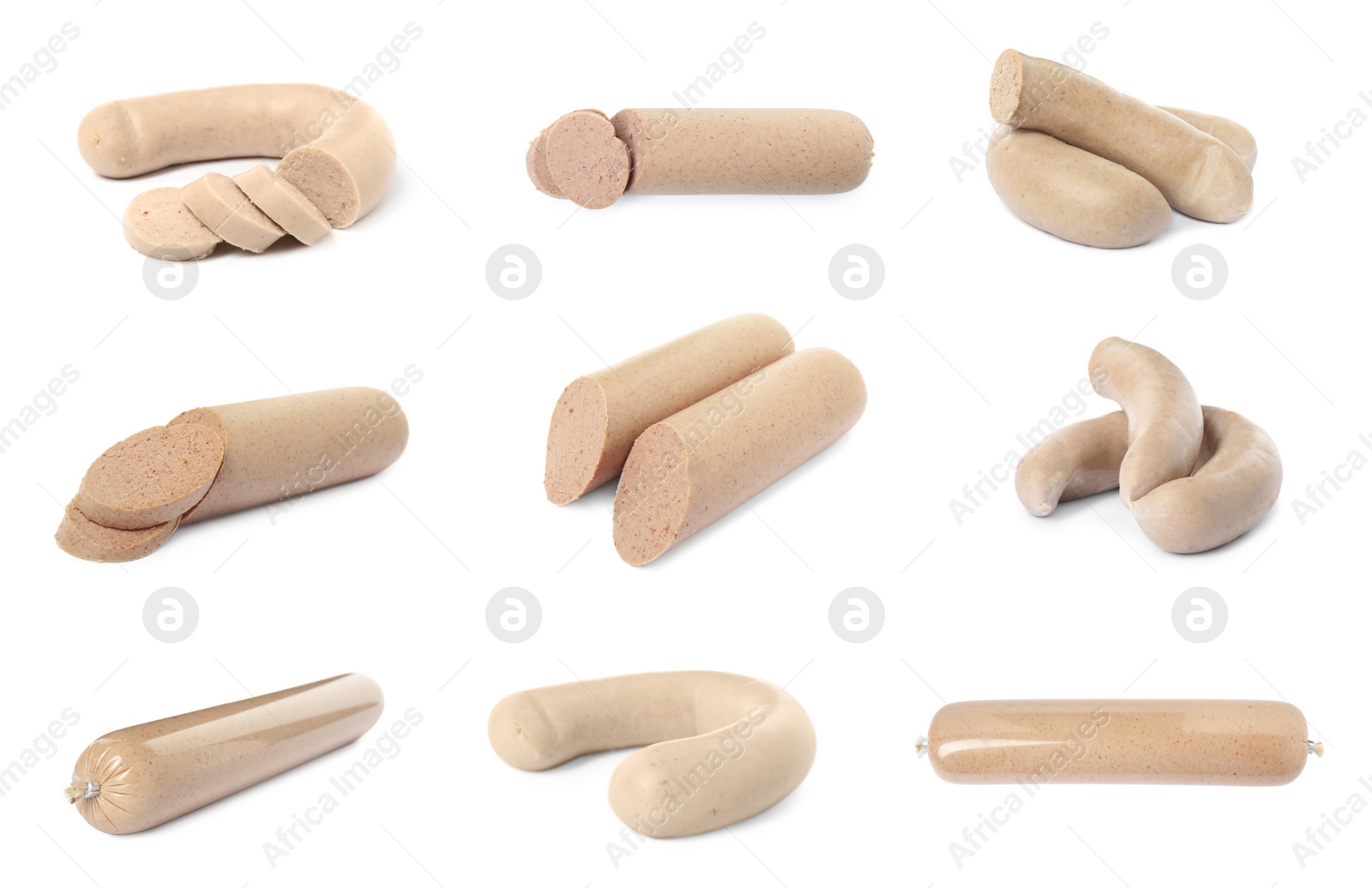 Image of Set with tasty liver sausages on white background