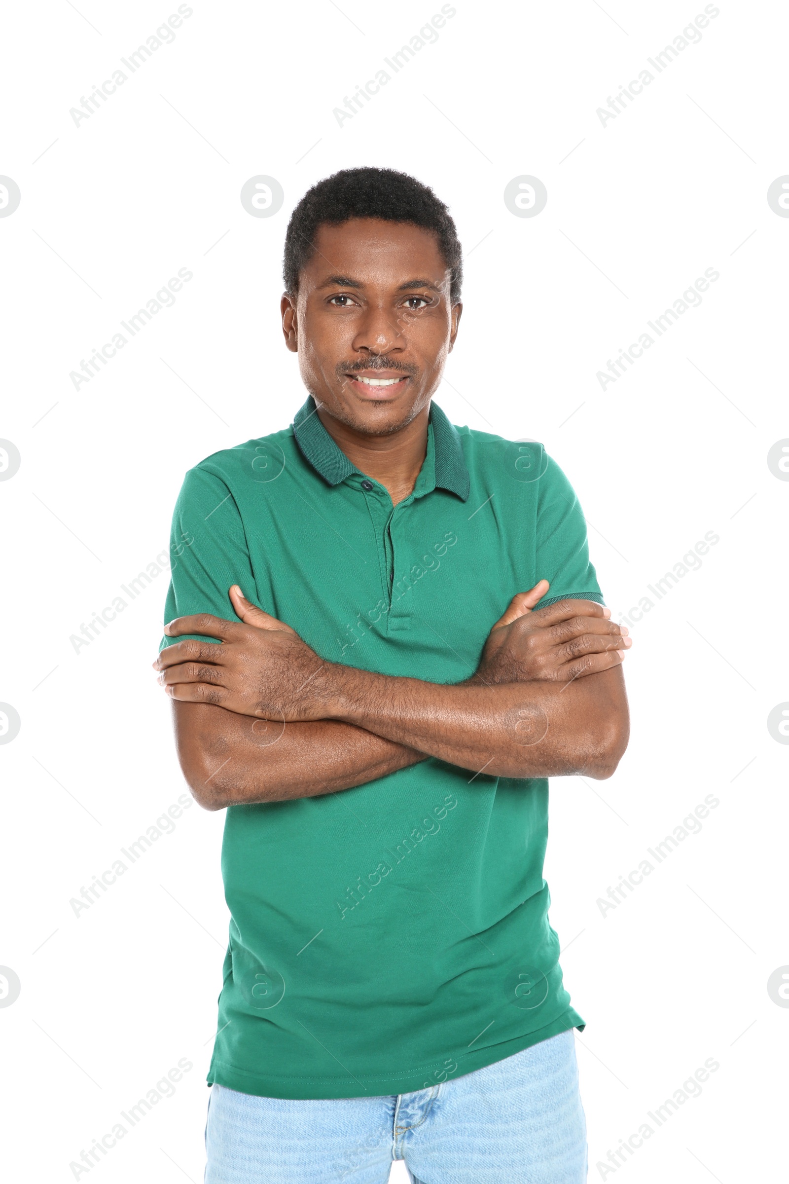 Photo of Portrait of happy African-American man on white background