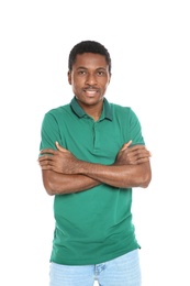 Portrait of happy African-American man on white background