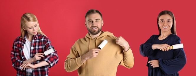 Image of People cleaning clothes with lint rollers on red background, collage. Banner design