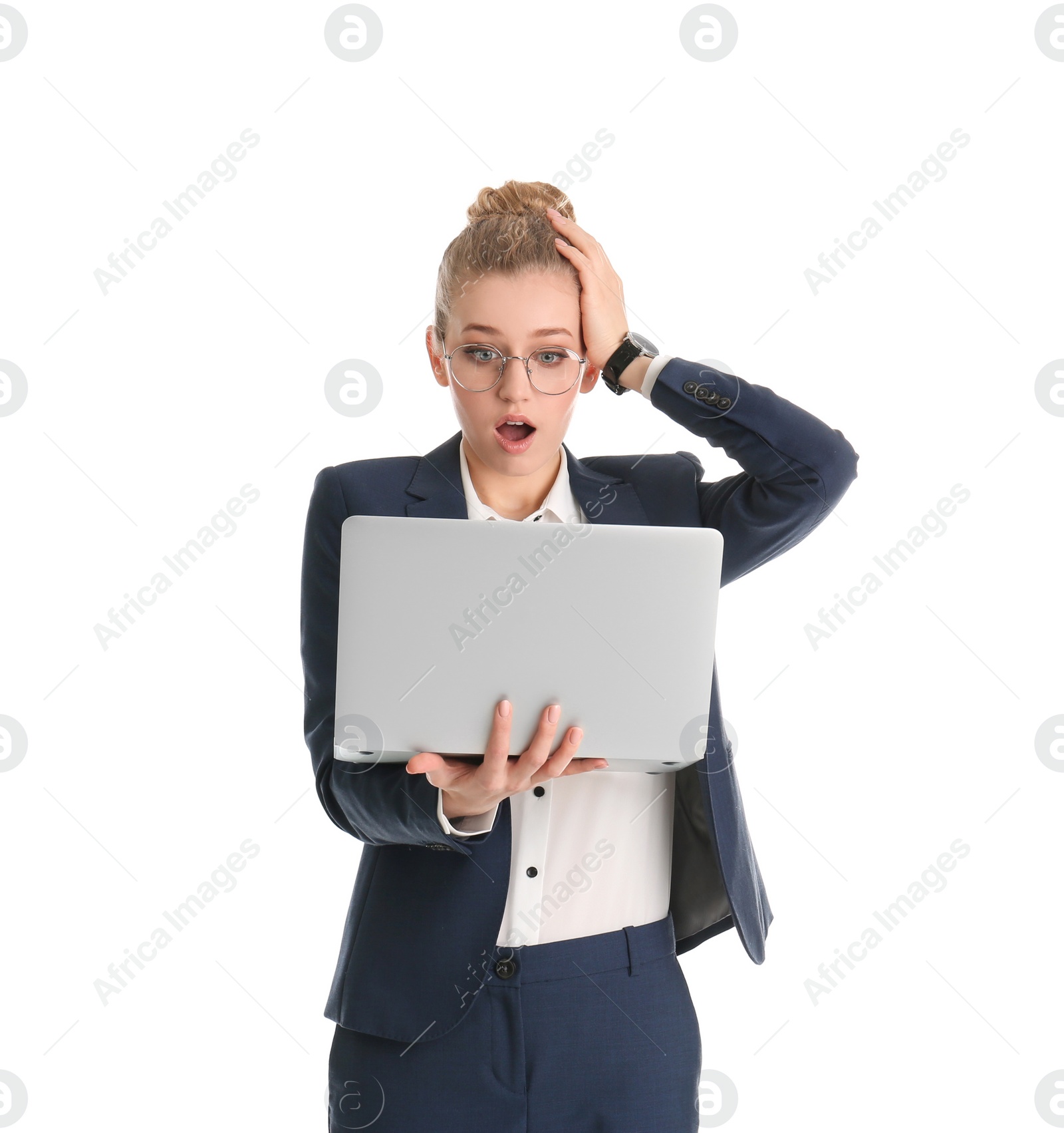 Photo of Portrait of emotional young businesswoman with laptop isolated on white