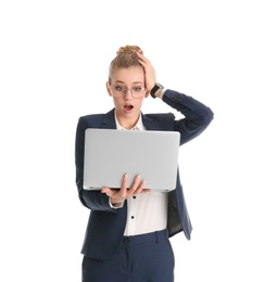 Photo of Portrait of emotional young businesswoman with laptop isolated on white