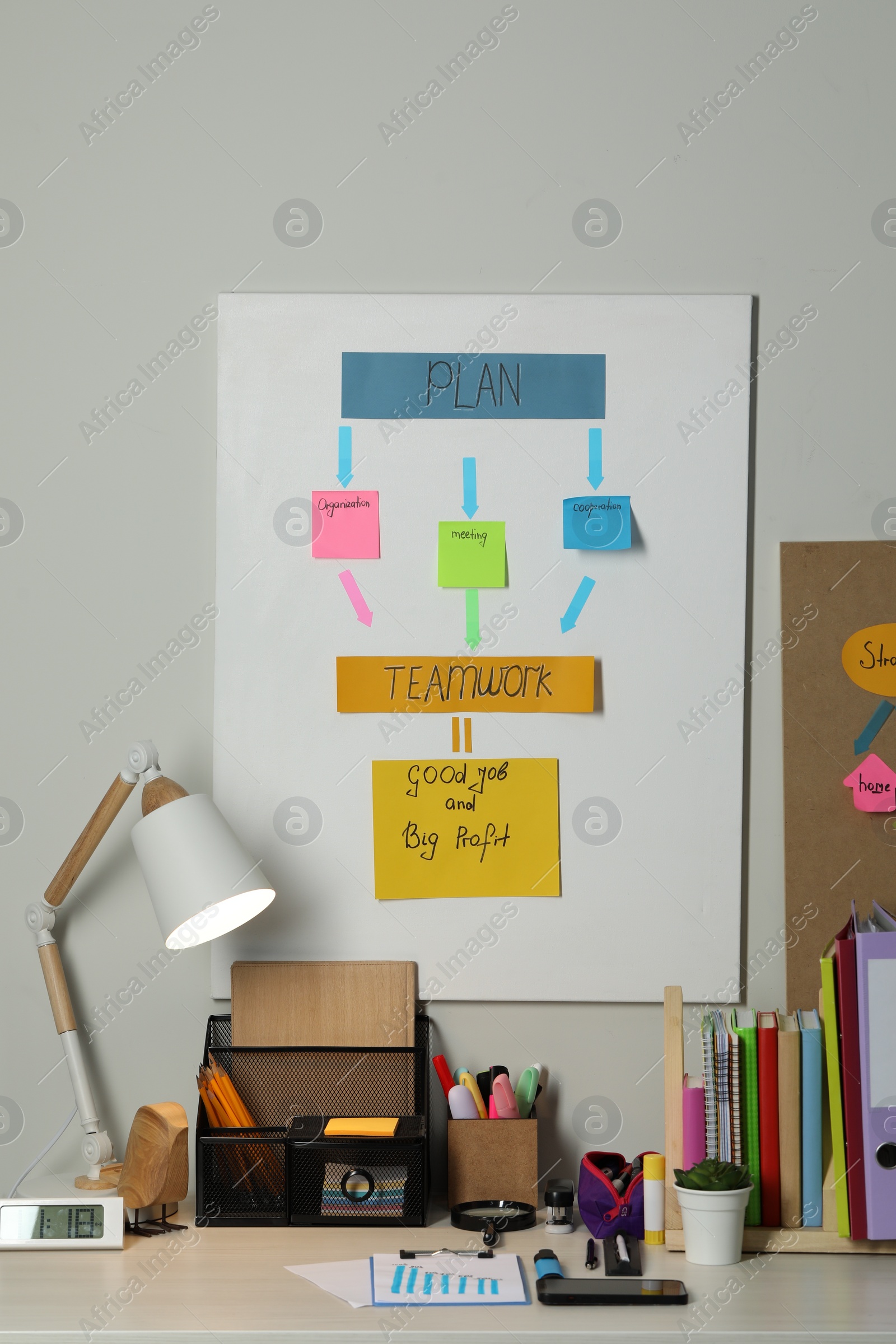 Photo of Business process planning and optimization. Workplace with lamp, colorful paper notes and other stationery on table