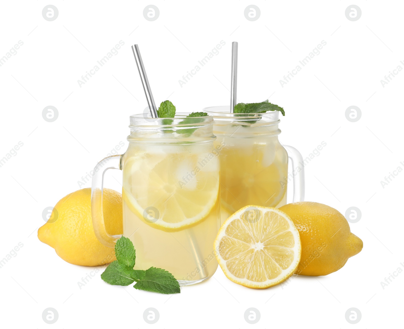 Photo of Natural lemonade with mint and fresh fruits on white background. Summer refreshing drink