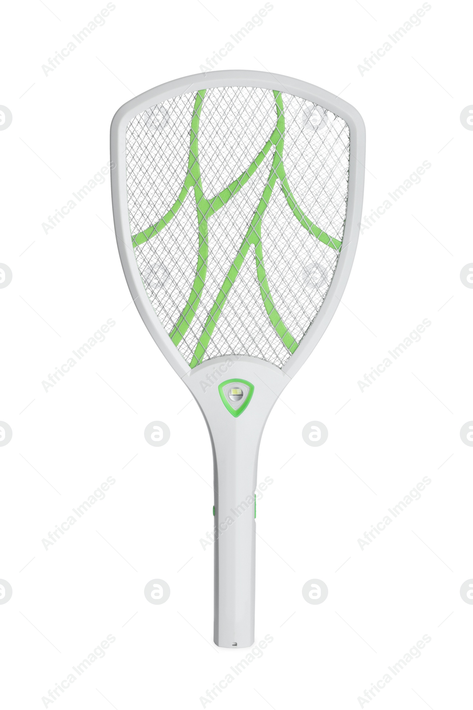 Photo of Modern electric fly swatter isolated on white. Insect killer