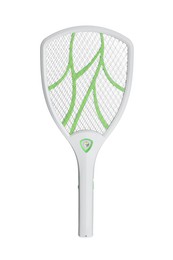 Photo of Modern electric fly swatter isolated on white. Insect killer