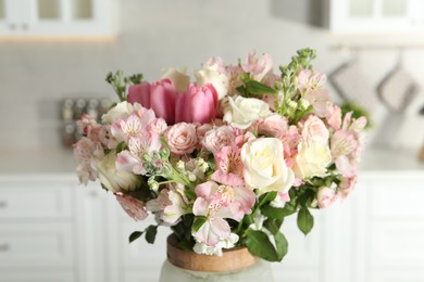 Beautiful bouquet of fresh flowers in vase indoors