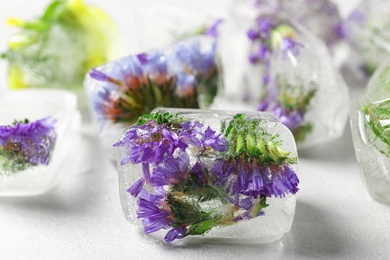 Photo of Ice cubes with flowers on light table, closeup
