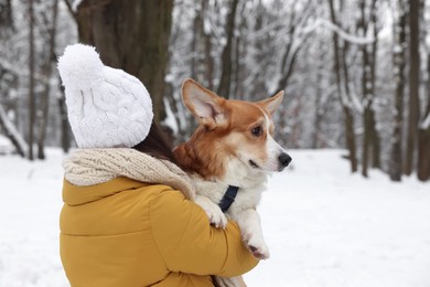 Photo of Woman with adorable Pembroke Welsh Corgi dog in snowy park, space for text