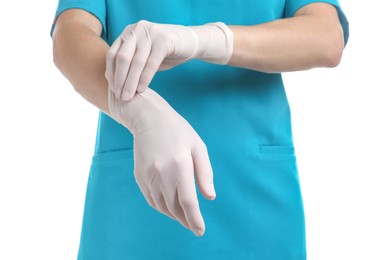 Photo of Doctor wearing medical gloves on white background, closeup