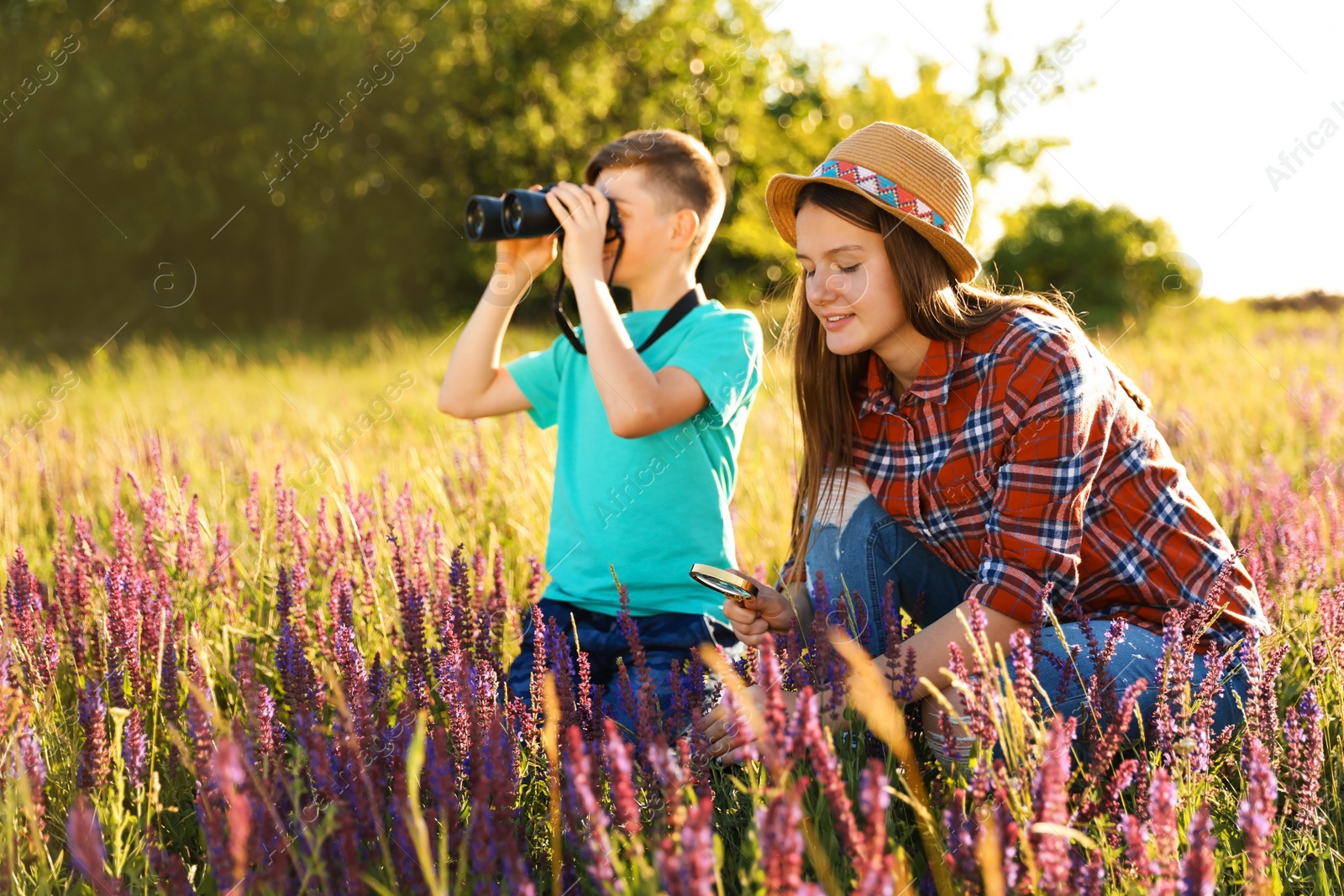 Photo of Children with binoculars and magnifying glass in field. Summer camp