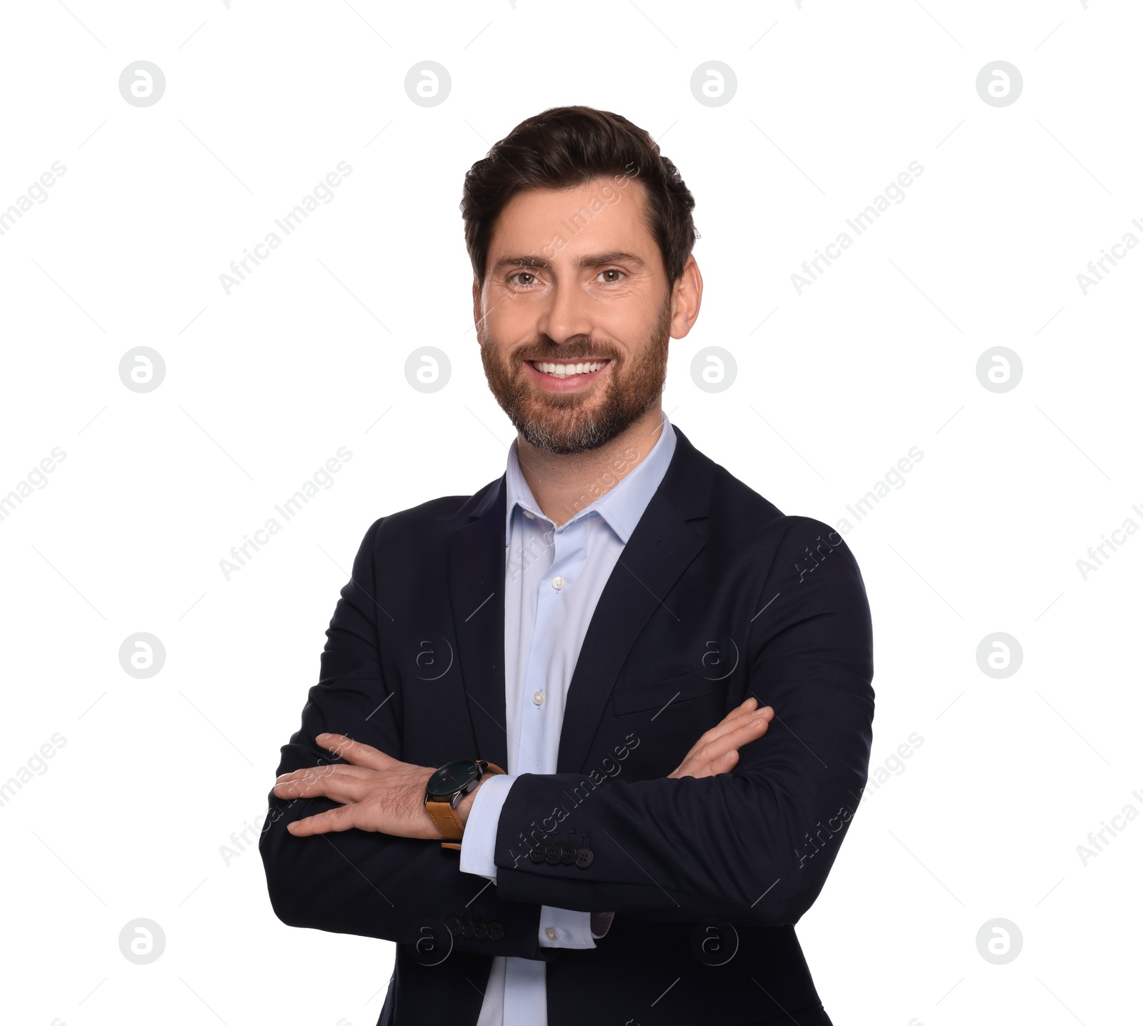 Photo of Portrait of smiling man with crossed arms on white background. Lawyer, businessman, accountant or manager