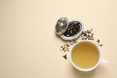 Photo of Flat lay composition with green tea on beige background. Space for text