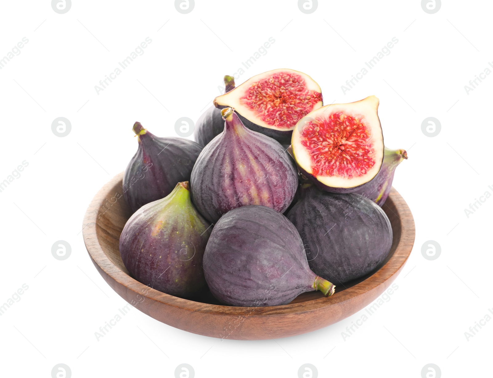 Photo of Bowl with whole and cut purple figs on white background