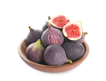 Photo of Bowl with whole and cut purple figs on white background