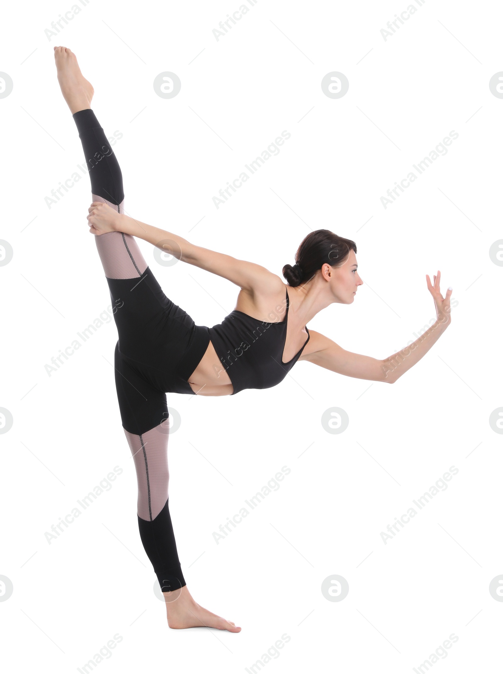 Photo of Professional young acrobat exercising on white background